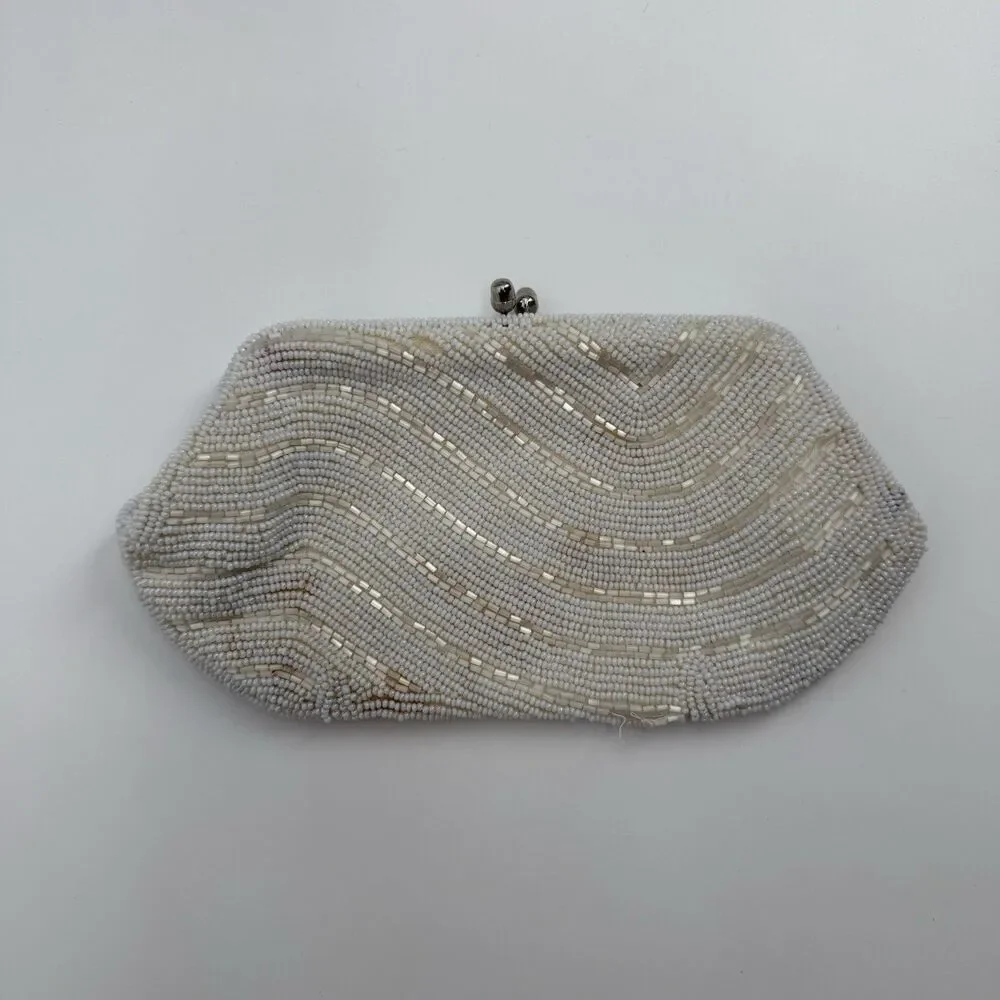 Vintage Unbranded Ivory Beaded Silver Clutch Evening Bag Small Dainty Bridal
